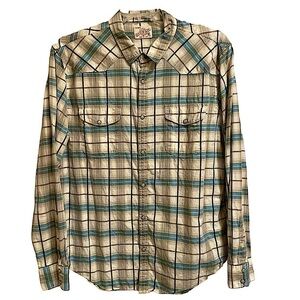 Lucky Brand Plaid Cotton Pearl Snap Western Cowboy Long Sleeve Shirt Size XL